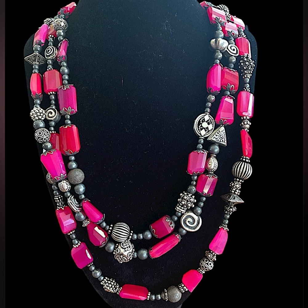 Vintage Lab Ruby Three Strand Statement Necklace